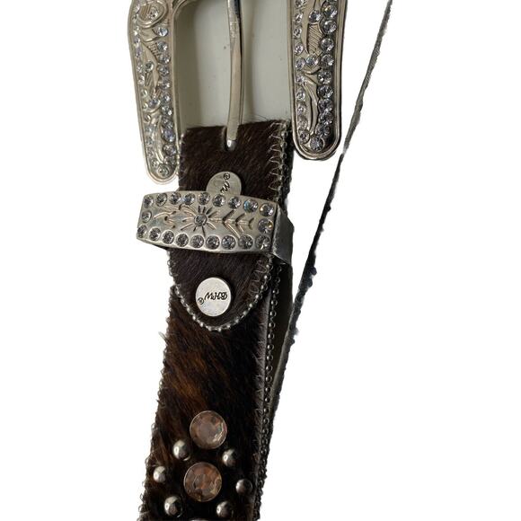 BHW Womens M Belt Leather Faux Cow Fur Rhinestone Western Cowgirl Bling Studded - Picture 4 of 9